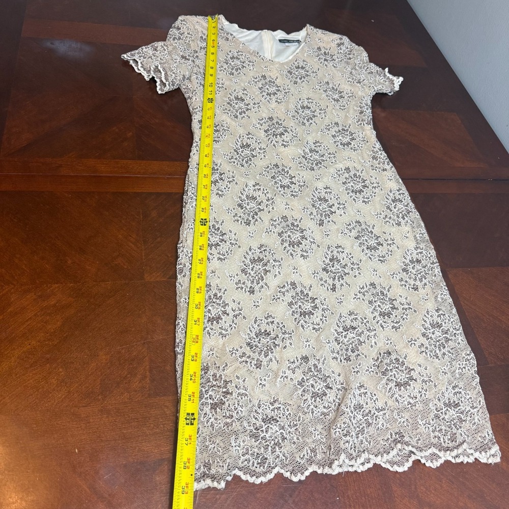 Vintage Lace Overlay Midi Dress Beige Brown Floral Short‎ Sleeve Formal Size 10 - Picture 5 of 13